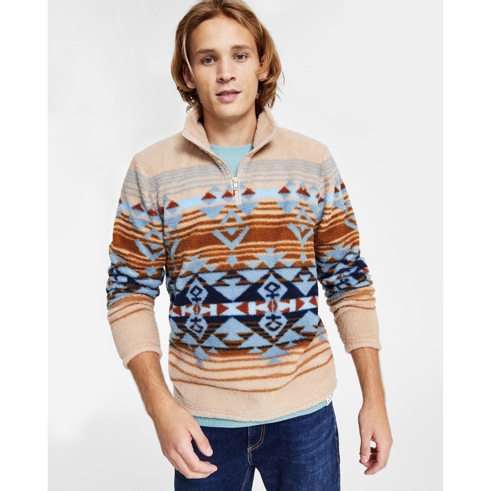 Sun + Stone Men's Sherpa Fleece Pullover 1/4 Zip Mock Neck Desert Bronze Sz XXL